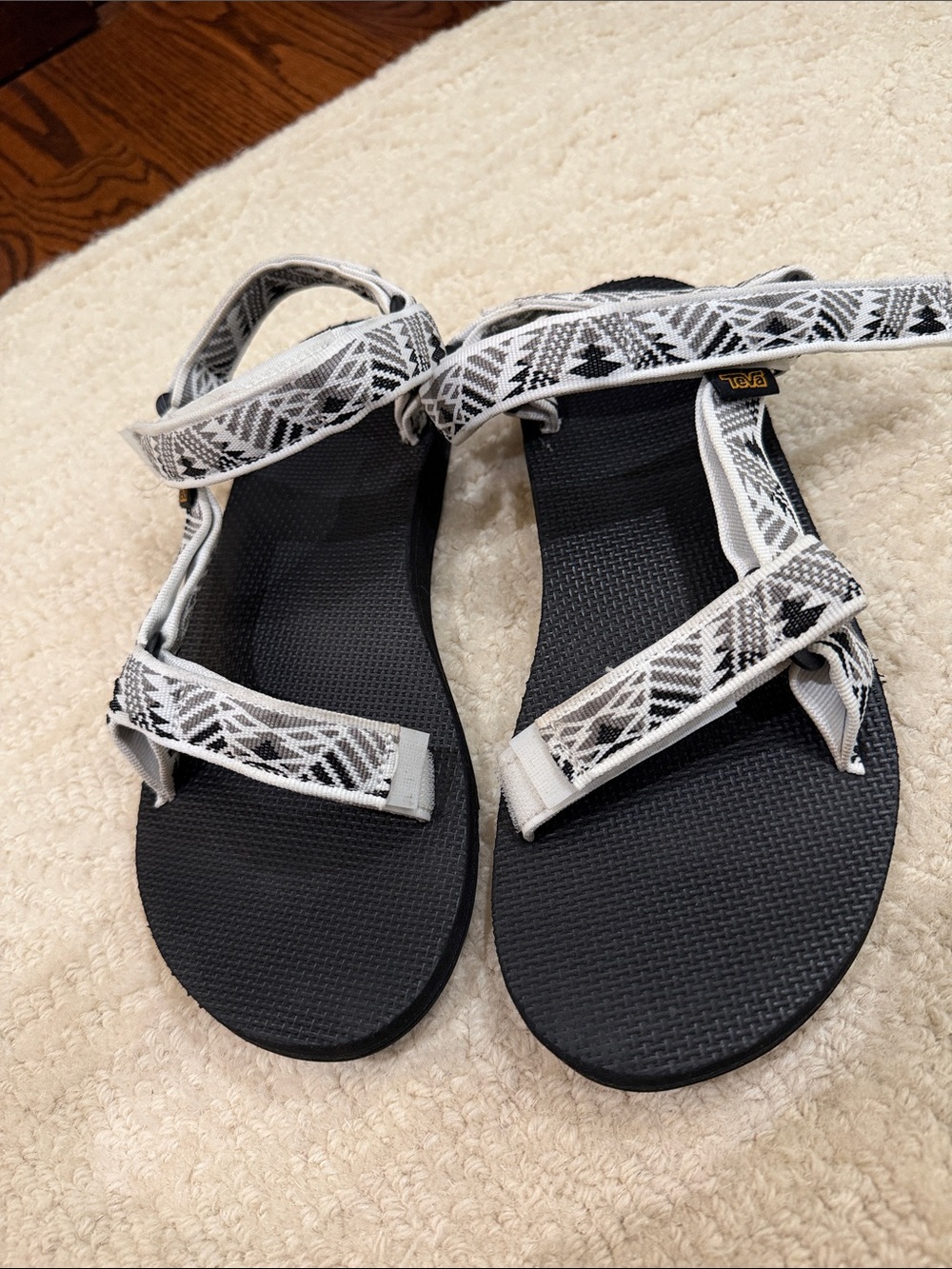 Teva Women's Black Footbed Sandals with White Patterned Straps - free shipping